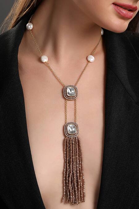 Hrisha_Gold Plated Crystal Dangler Pendant Necklace _Online_at_Aza_Fashions