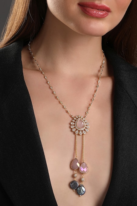 HRISHA_Gold Plated Stone And Crystal Embellished Necklace_Online_at_Aza_Fashions