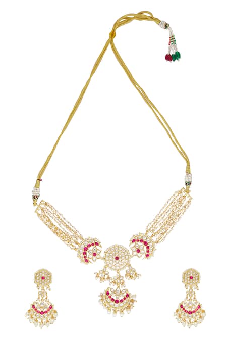 Shop Nazaakat By Samara Singh Gold Plated Diamonds, Pearls, Stones Jadau Embellished Necklace Set at Aza Fashions Shop_Nazaakat By Samara Singh_Gold Plated Diamonds, Pearls, Stones Jadau Embellished Necklace Set _at_Aza_Fashions