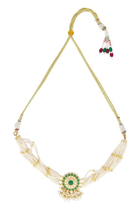 Nazaakat By Samara Singh_Gold Plated Diamonds, Stones Floral Pendant Jadau Work Necklace Set _at_Aza_Fashions