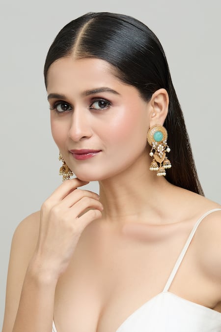 Nazaakat By Samara Singh Gold Plated Diamonds, Stones Jadau Embellished Dangler Earrings Online at Aza Fashions Nazaakat By Samara Singh_Gold Plated Diamonds, Stones Jadau Embellished Dangler Earrings _Online_at_Aza_Fashions