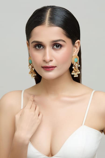 Shop Nazaakat By Samara Singh Gold Plated Diamonds, Stones Jadau Embellished Dangler Earrings Online at Aza Fashions Shop_Nazaakat By Samara Singh_Gold Plated Diamonds, Stones Jadau Embellished Dangler Earrings _Online_at_Aza_Fashions