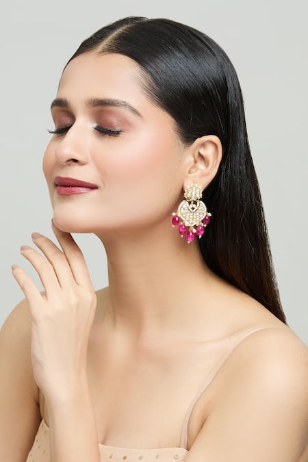 Shop_Nazaakat By Samara Singh_Gold Plated Diamonds, Beads Floral Cutwork Dangler Earrings _Online_at_Aza_Fashions