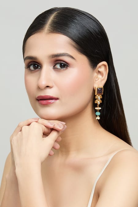 Samyukta Singhania Gold Plated Jadau Geometric Cutwork Dangler Earrings 