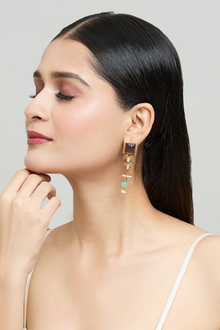 Nazaakat By Samara Singh_Gold Plated Diamonds, Beads Geometric Cutwork Dangler Earrings _Online_at_Aza_Fashions