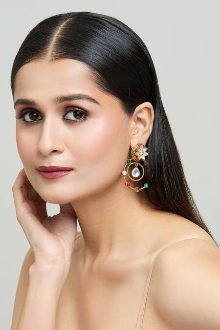Nazaakat By Samara Singh_Gold Plated Zari, Stones Circular Ornamented Embellished Earrings _Online_at_Aza_Fashions