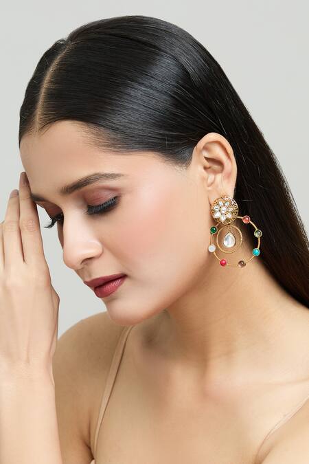 Shop_Nazaakat By Samara Singh_Gold Plated Zari, Stones Circular Ornamented Embellished Earrings _Online_at_Aza_Fashions