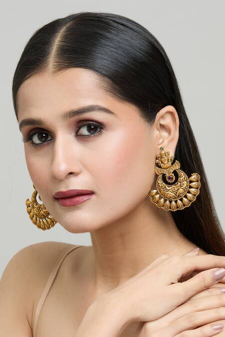Nazaakat By Samara Singh_Gold Plated Zari Goddess Laxmi Carved Temple Earrings _Online_at_Aza_Fashions