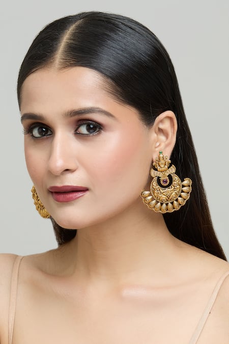 Shop_Nazaakat By Samara Singh_Gold Plated Zari Goddess Laxmi Carved Temple Earrings _Online_at_Aza_Fashions