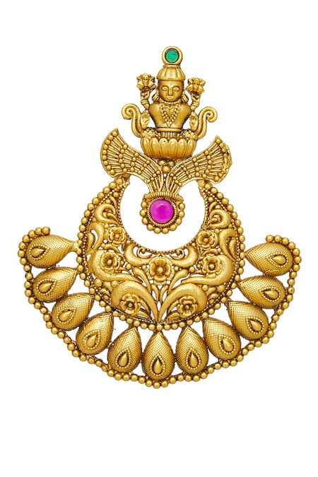 Nazaakat By Samara Singh_Gold Plated Zari Goddess Laxmi Carved Temple Earrings _at_Aza_Fashions