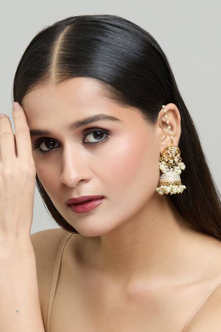 Nazaakat By Samara Singh_Gold Plated Crescent Moon Cutwork Jhumkas _Online_at_Aza_Fashions