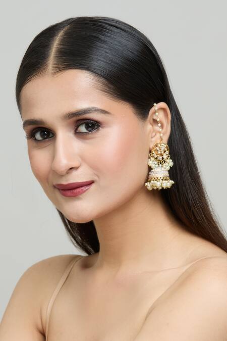 Shop_Nazaakat By Samara Singh_Gold Plated Crescent Moon Cutwork Jhumkas _Online_at_Aza_Fashions