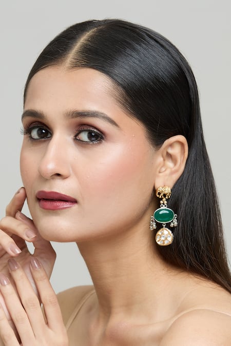 Shop_Nazaakat By Samara Singh_Gold Plated Zari Carved Elephant Earrings _Online_at_Aza_Fashions