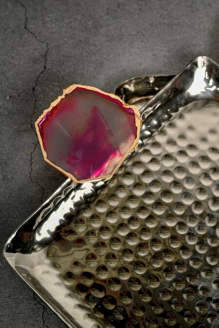 Cotton Indya_Pink Metal, Agate Stone Embellished Tray 2 Pcs Set_Online_at_Aza_Fashions