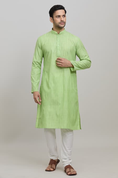 Arihant Rai Sinha Green Poly Cotton Plain Mandarin Collar Kurta Set 