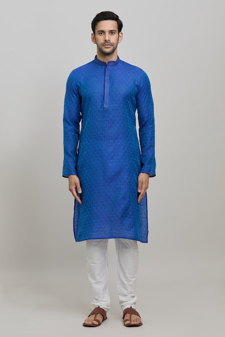 Arihant Rai Sinha_Blue Polyester Embroidery Mughal Woven Kurta Set _Online_at_Aza_Fashions