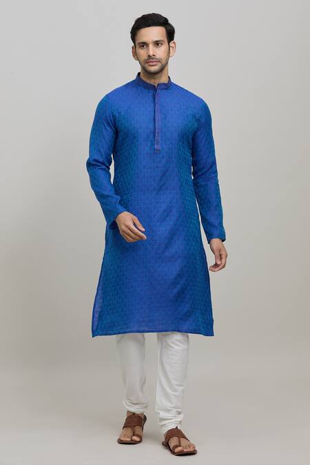 Arihant Rai Sinha_Blue Polyester Embroidery Mughal Woven Kurta Set _at_Aza_Fashions