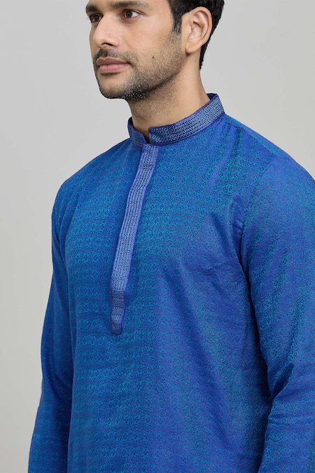 Shop Arihant Rai Sinha Blue Polyester Embroidery Leaves Woven Kurta Set Online at Aza Fashions Shop_Arihant Rai Sinha_Blue Polyester Embroidery Leaves Woven Kurta Set _Online_at_Aza_Fashions