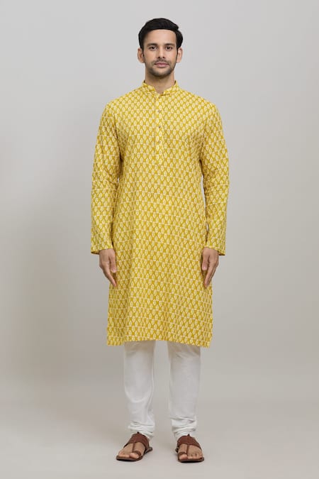 Buy_Arihant Rai Sinha_Yellow Cotton, Polyester Embroidery Floral Print Kurta Set _Online_at_Aza_Fashions