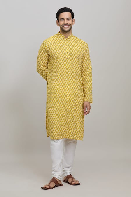 Shop_Arihant Rai Sinha_Yellow Cotton, Polyester Embroidery Floral Print Kurta Set _Online_at_Aza_Fashions