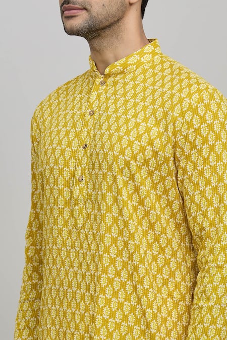Arihant Rai Sinha_Yellow Cotton, Polyester Embroidery Floral Print Kurta Set _at_Aza_Fashions