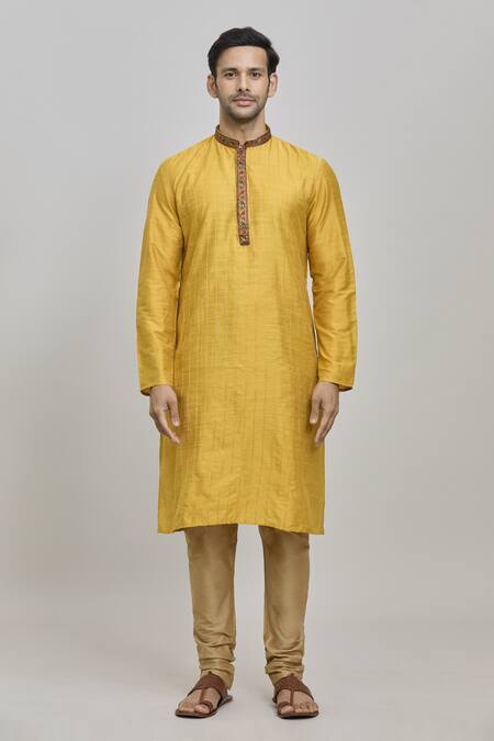 Arihant Rai Sinha_Yellow Silk, Polyester Embroidery Stitchline Threadwork Kurta Set _Online_at_Aza_Fashions