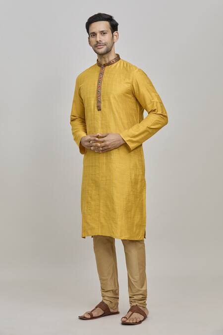 Buy_Arihant Rai Sinha_Yellow Silk, Polyester Embroidery Stitchline Threadwork Kurta Set _Online_at_Aza_Fashions