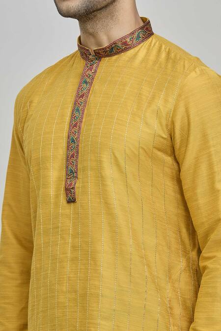Shop_Arihant Rai Sinha_Yellow Silk, Polyester Embroidery Stitchline Threadwork Kurta Set _Online_at_Aza_Fashions