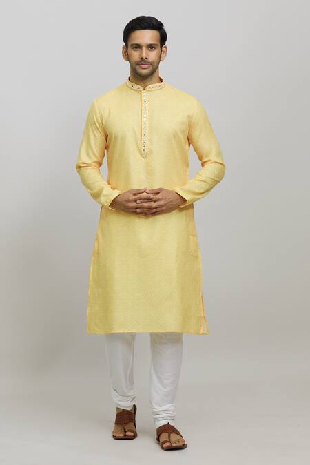 Buy_Arihant Rai Sinha_Yellow Silk, Polyester Mirrors, Beads Bandhani Print Kurta Set_Online_at_Aza_Fashions