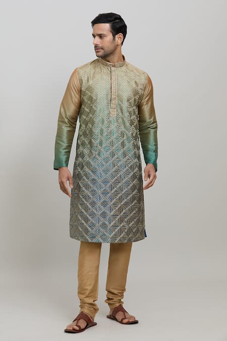 Arihant Rai Sinha Green Kurta Slub Silk Embroidered Geometric Ombre Set 