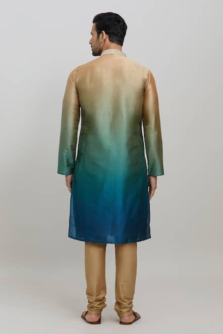 Shop_Arihant Rai Sinha_Green Silk, Polyester Embroidery Ombre Kurta Set _at_Aza_Fashions