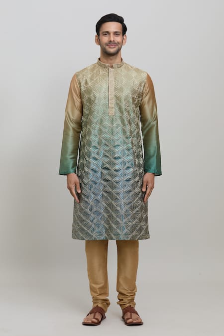 Arihant Rai Sinha_Green Silk, Polyester Embroidery Ombre Kurta Set _Online_at_Aza_Fashions