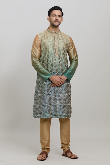 Buy_Arihant Rai Sinha_Green Silk, Polyester Embroidery Ombre Kurta Set _Online_at_Aza_Fashions