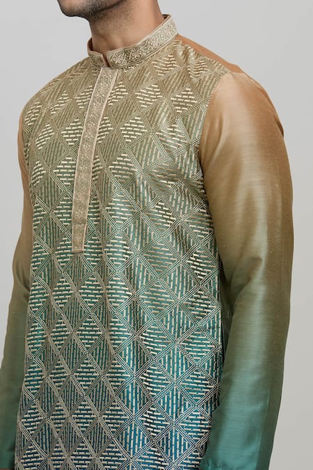 Shop_Arihant Rai Sinha_Green Silk, Polyester Embroidery Ombre Kurta Set _Online_at_Aza_Fashions