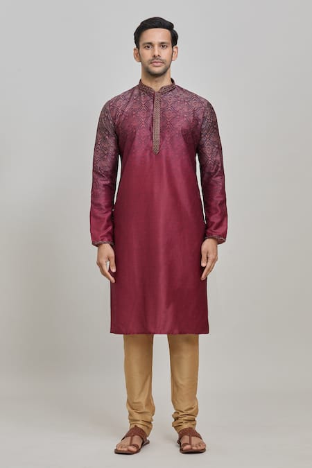 Buy_Arihant Rai Sinha_Maroon Silk, Polyester Embroidery Floral Ombre Print Kurta Set _Online_at_Aza_Fashions