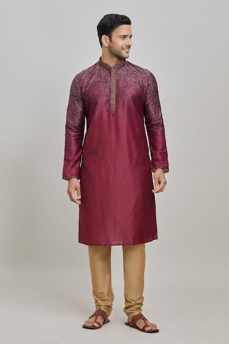 Shop_Arihant Rai Sinha_Maroon Silk, Polyester Embroidery Floral Ombre Print Kurta Set _Online_at_Aza_Fashions