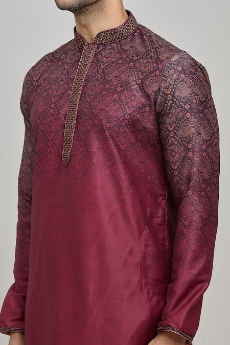 Arihant Rai Sinha_Maroon Silk, Polyester Embroidery Floral Ombre Print Kurta Set _at_Aza_Fashions