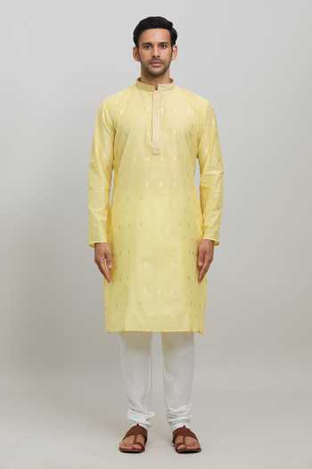 Arihant Rai Sinha_Yellow Polyester Woven Motif Pastel Kurta Set _Online_at_Aza_Fashions