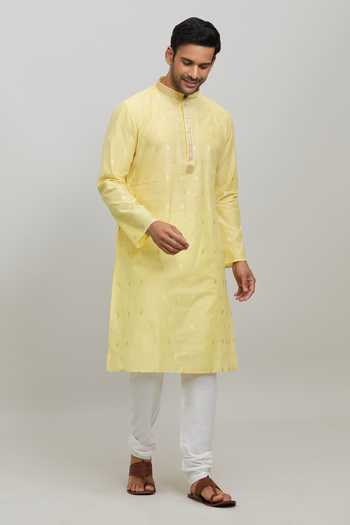 Buy_Arihant Rai Sinha_Yellow Polyester Woven Motif Pastel Kurta Set _Online_at_Aza_Fashions