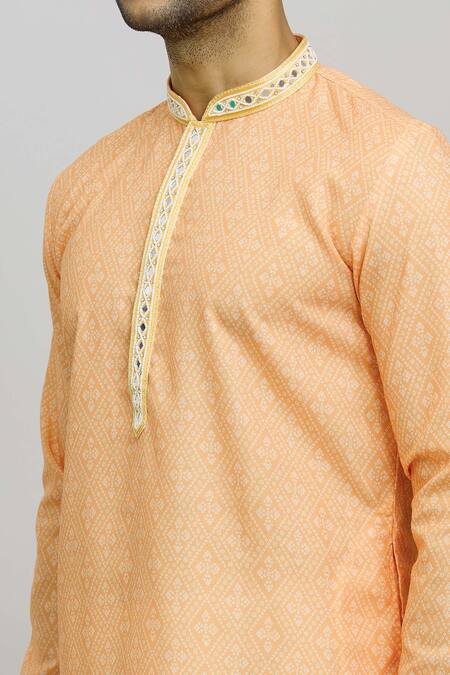 Shop Arihant Rai Sinha Orange Polyester, Cotton Embroidery Bandhej Print Kurta Set Online at Aza Fashions Shop_Arihant Rai Sinha_Orange Polyester, Cotton Embroidery Bandhej Print Kurta Set _Online_at_Aza_Fashions