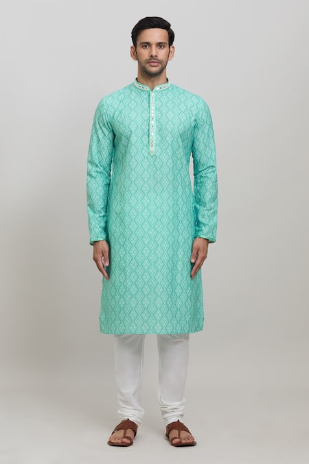 Buy_Arihant Rai Sinha_Green Polyester, Cotton Embroidery Bandhej Pattern Kurta Set _Online_at_Aza_Fashions