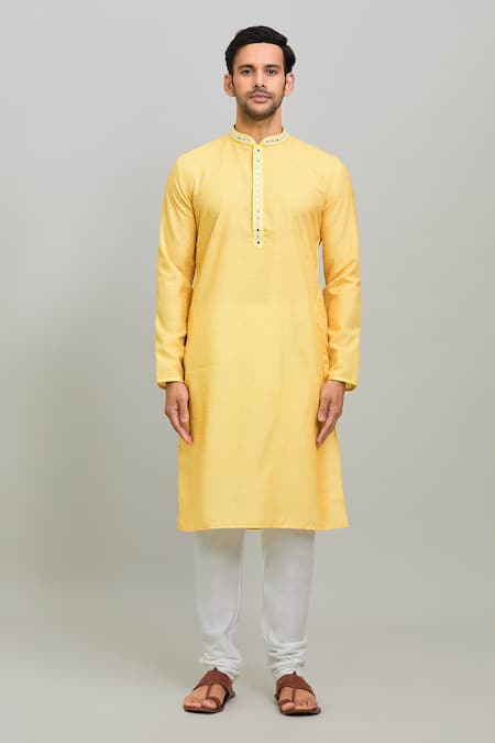 Buy Arihant Rai Sinha Yellow Polyester, Cotton Embroidery Bandhej Print Straight Kurta Set Online at Aza Fashions Buy_Arihant Rai Sinha_Yellow Polyester, Cotton Embroidery Bandhej Print Straight Kurta Set _Online_at_Aza_Fashions