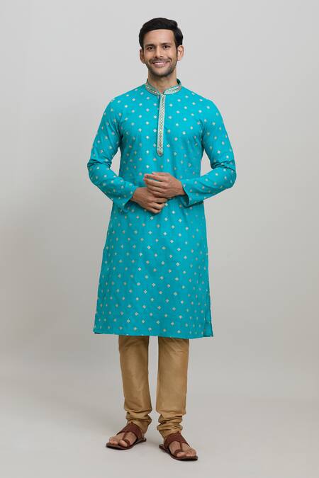 Shop Arihant Rai Sinha Blue Polyester Embroidery Cotton Kurta Set Online at Aza Fashions Shop_Arihant Rai Sinha_Blue Polyester Embroidery Cotton Kurta Set _Online_at_Aza_Fashions