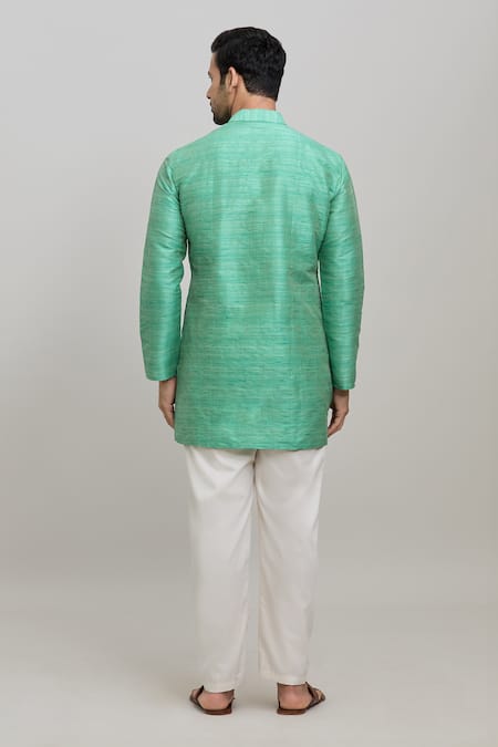 Shop Arihant Rai Sinha Green Polyester Mandarin Collar Short Kurta at Aza Fashions Shop_Arihant Rai Sinha_Green Polyester Mandarin Collar Short Kurta _at_Aza_Fashions