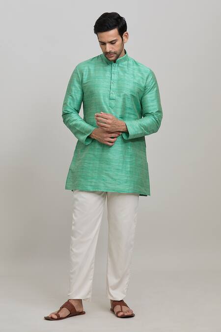 Shop Arihant Rai Sinha Green Polyester Mandarin Collar Short Kurta Online at Aza Fashions Shop_Arihant Rai Sinha_Green Polyester Mandarin Collar Short Kurta _Online_at_Aza_Fashions