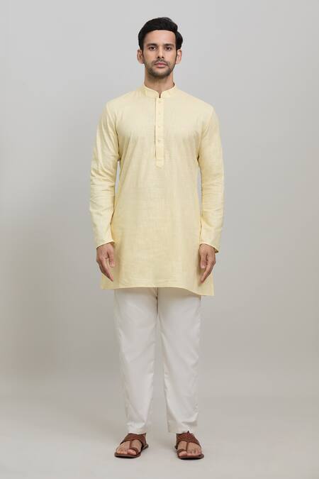 Arihant Rai Sinha Yellow Cotton Plain Short Kurta Online at Aza Fashions Arihant Rai Sinha_Yellow Cotton Plain Short Kurta _Online_at_Aza_Fashions