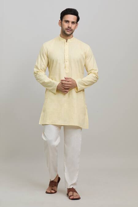 Shop Arihant Rai Sinha Yellow Cotton Plain Short Kurta Online at Aza Fashions Shop_Arihant Rai Sinha_Yellow Cotton Plain Short Kurta _Online_at_Aza_Fashions