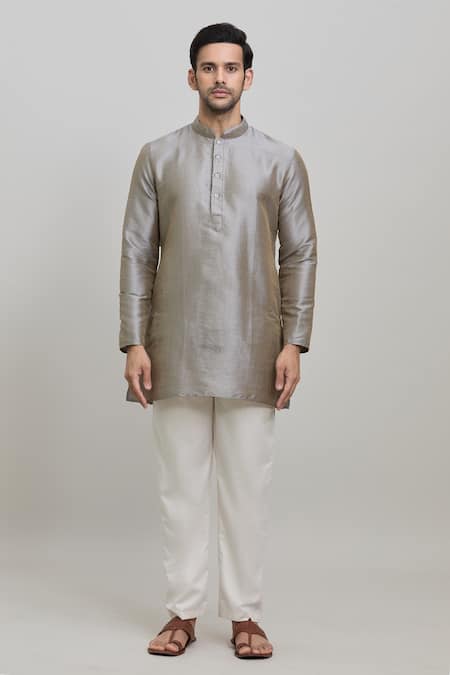 Arihant Rai Sinha Grey Polyester Metallic Plain Short Kurta Online at Aza Fashions Arihant Rai Sinha_Grey Polyester Metallic Plain Short Kurta _Online_at_Aza_Fashions