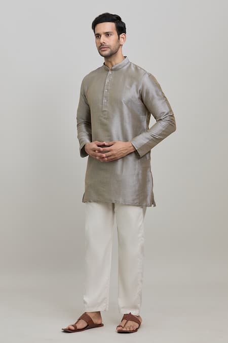Shop Arihant Rai Sinha Grey Polyester Metallic Plain Short Kurta Online at Aza Fashions Shop_Arihant Rai Sinha_Grey Polyester Metallic Plain Short Kurta _Online_at_Aza_Fashions