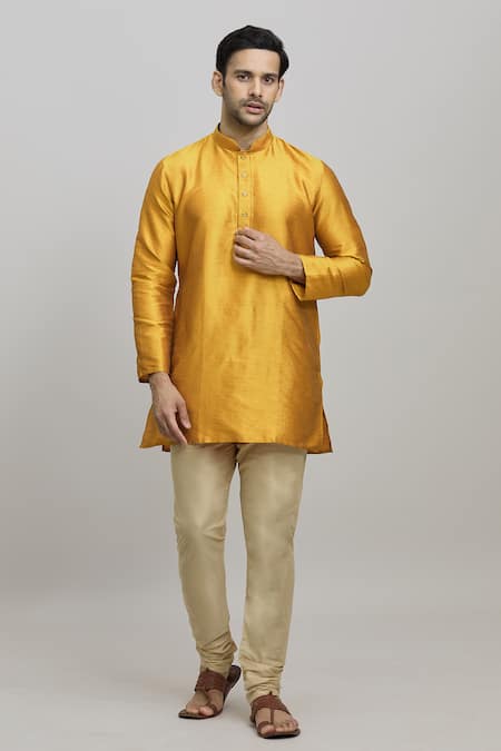 Arihant Rai Sinha Yellow Poly Blend Plain Bright Short Kurta 